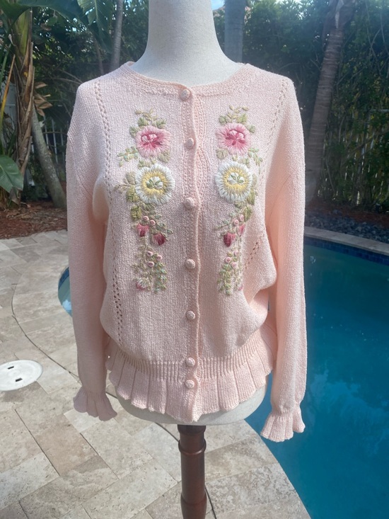 Susan Bristol Sweaters - Vintage Pink Embroidered Button-Up Sweater Cardigan